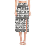 White And Black Indian Elephant Print Side Slit Midi Skirt