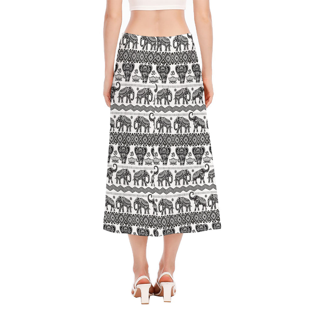 White And Black Indian Elephant Print Side Slit Midi Skirt