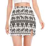 White And Black Indian Elephant Print Side Slit Mini Skirt