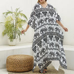 White And Black Indian Elephant Print Silk V-Neck Kaftan Dress