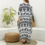 White And Black Indian Elephant Print Silk V-Neck Kaftan Dress