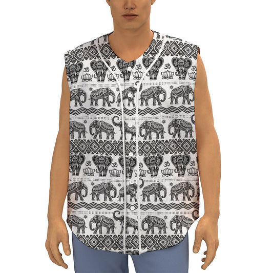 White And Black Indian Elephant Print Sleeveless Baseball Jersey