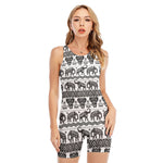 White And Black Indian Elephant Print Sleeveless One Piece Swimsuit