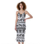 White And Black Indian Elephant Print Slim Fit Midi Cami Dress