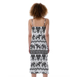 White And Black Indian Elephant Print Slim Fit Midi Cami Dress