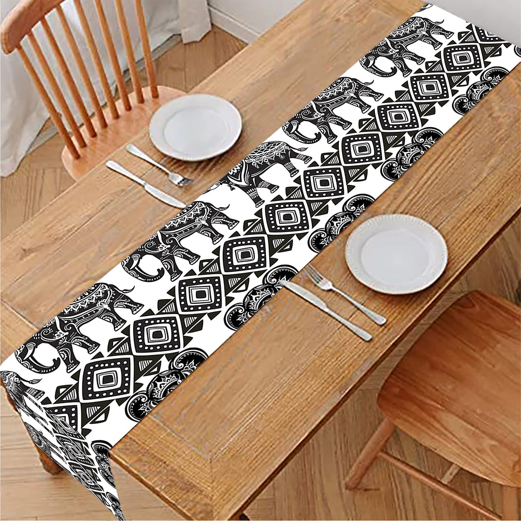 White And Black Indian Elephant Print Table Runner