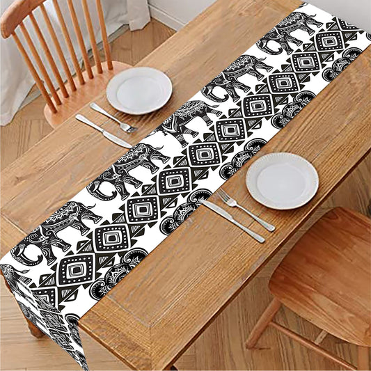 White And Black Indian Elephant Print Table Runner