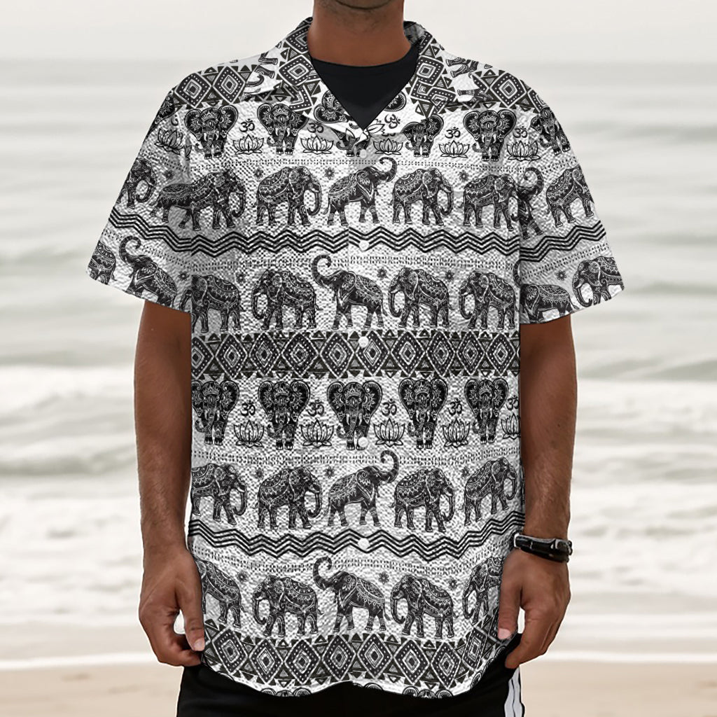 White And Black Indian Elephant Print Textured Short Sleeve Shirt