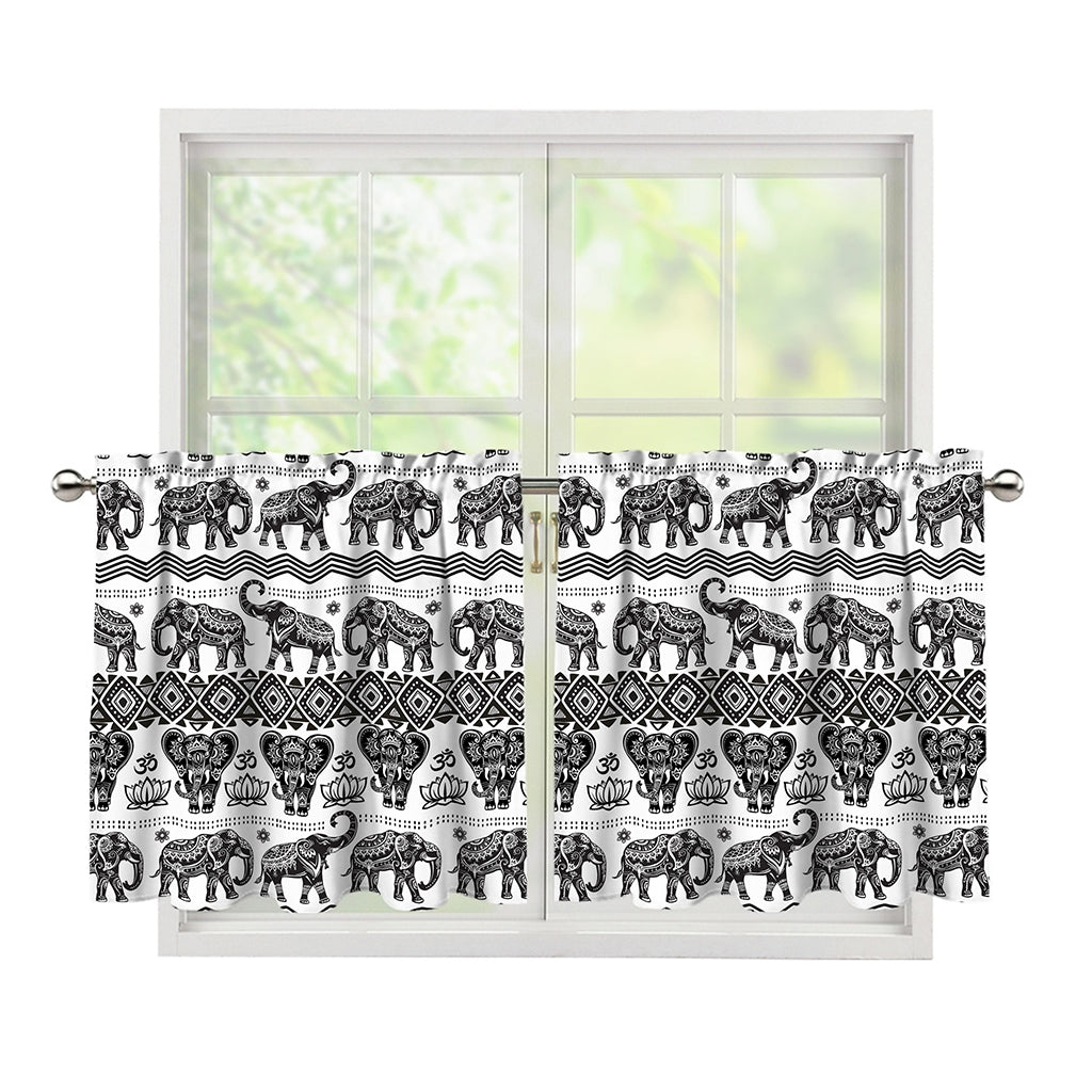 White And Black Indian Elephant Print Tier Curtains