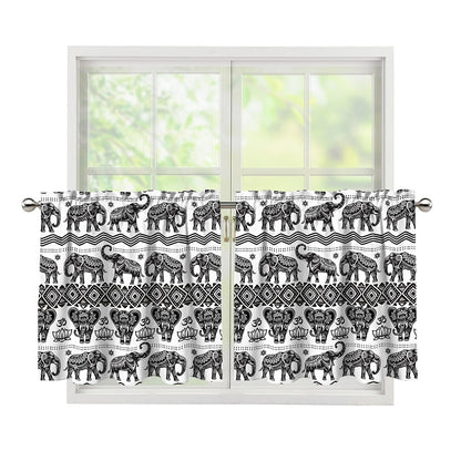 White And Black Indian Elephant Print Tier Curtains
