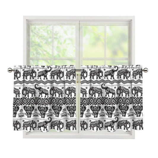 White And Black Indian Elephant Print Tier Curtains