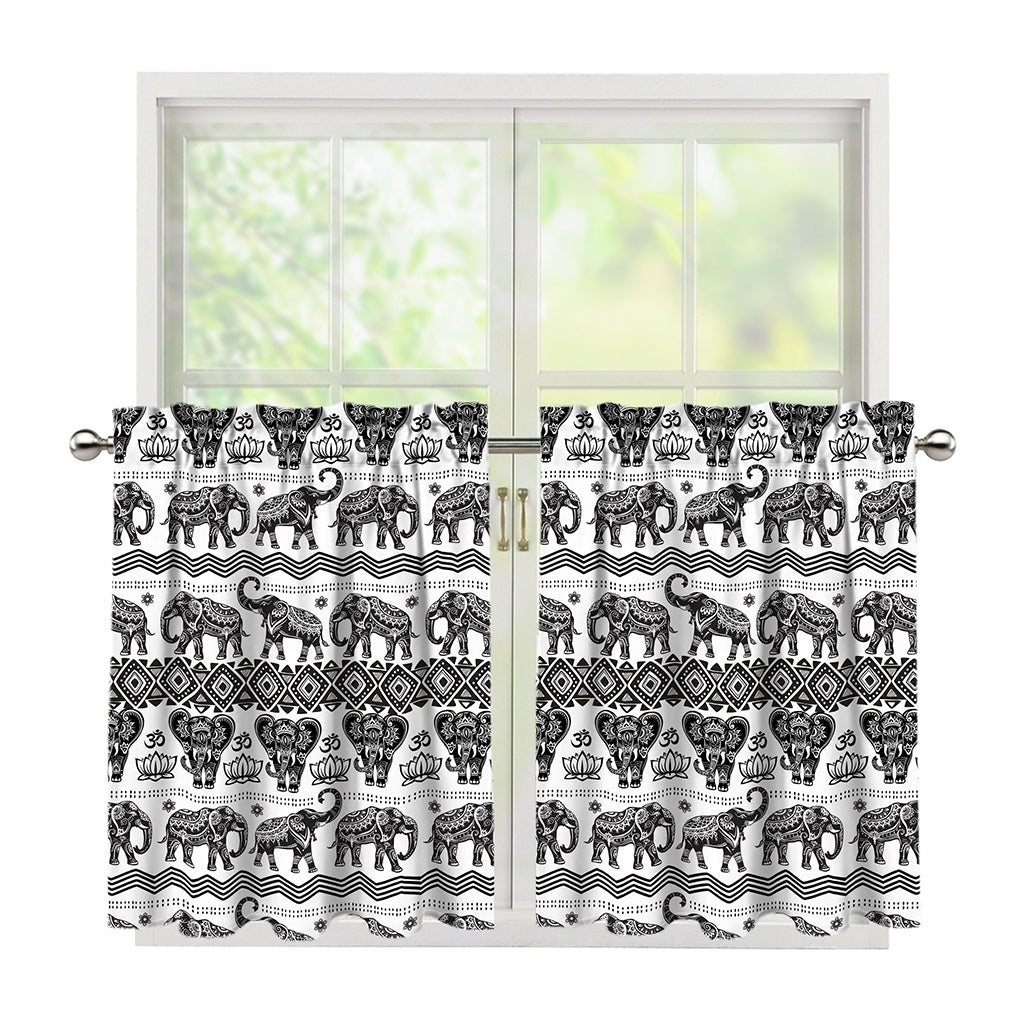 White And Black Indian Elephant Print Tier Curtains