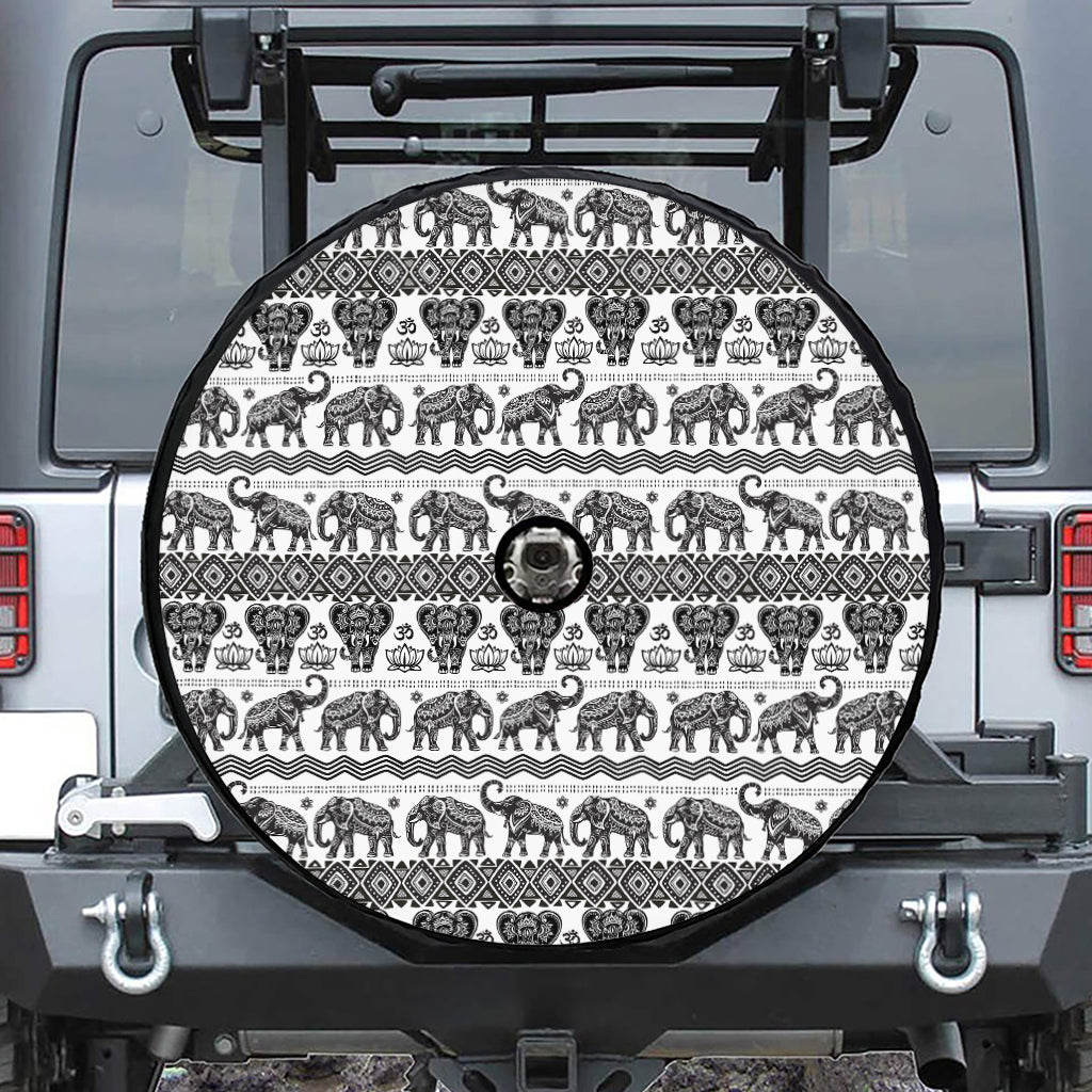 White And Black Indian Elephant Print Tire Cover With Camera Hole