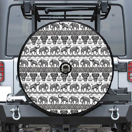 White And Black Indian Elephant Print Tire Cover With Camera Hole