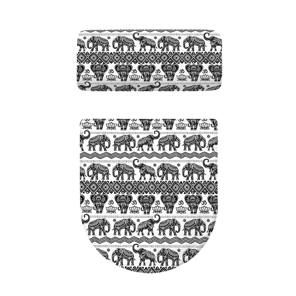 White And Black Indian Elephant Print Toilet Lid And Tank Cover Set