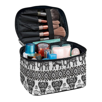 White And Black Indian Elephant Print Travel Makeup Bag