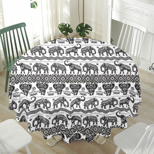 White And Black Indian Elephant Print Waterproof Round Tablecloth