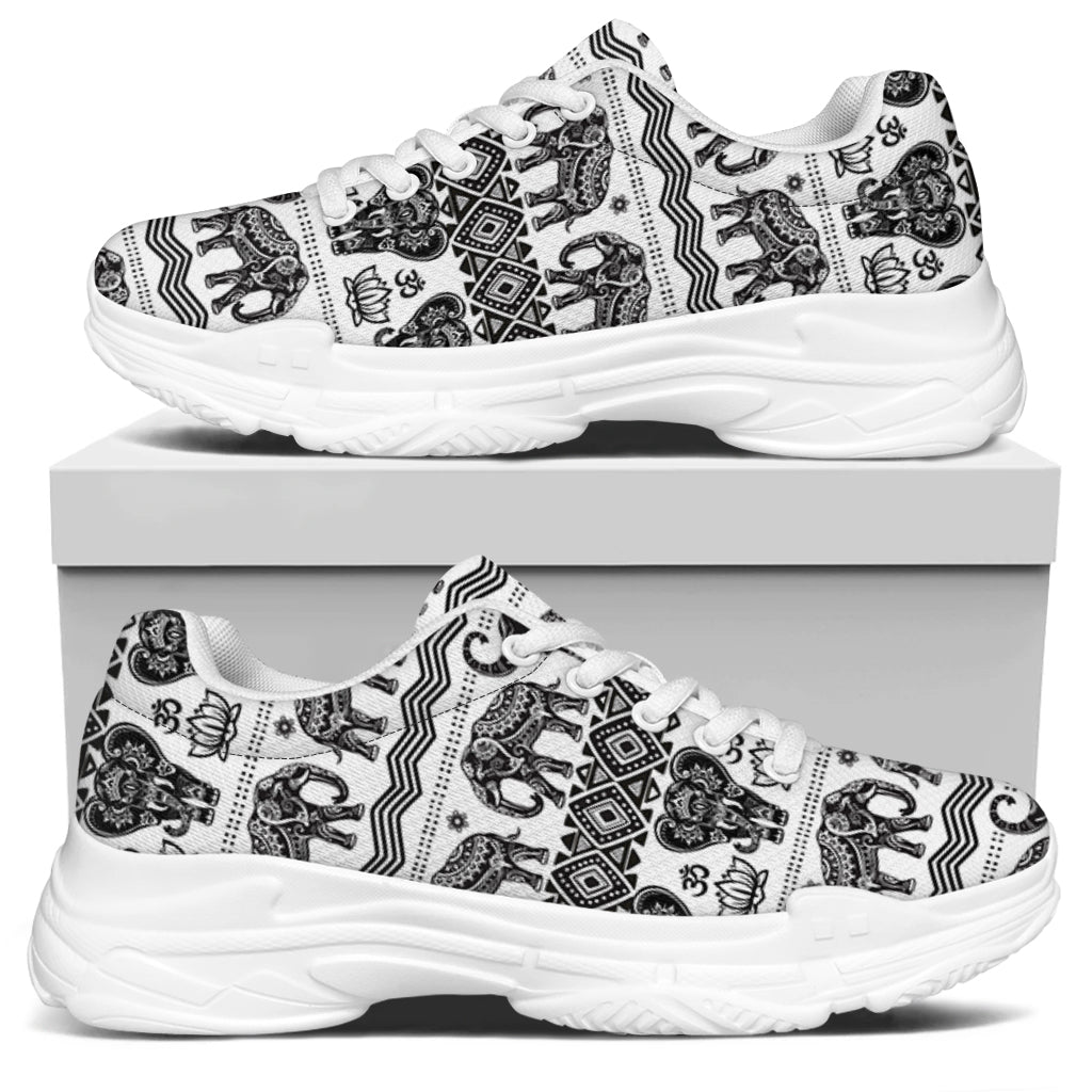 White And Black Indian Elephant Print White Chunky Shoes
