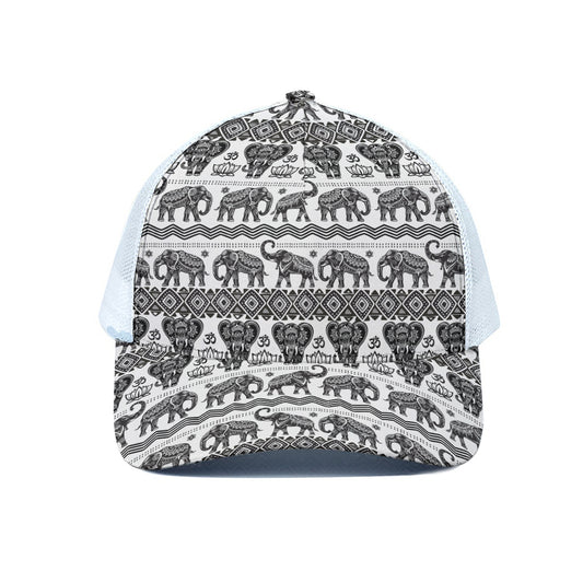 White And Black Indian Elephant Print White Mesh Trucker Cap