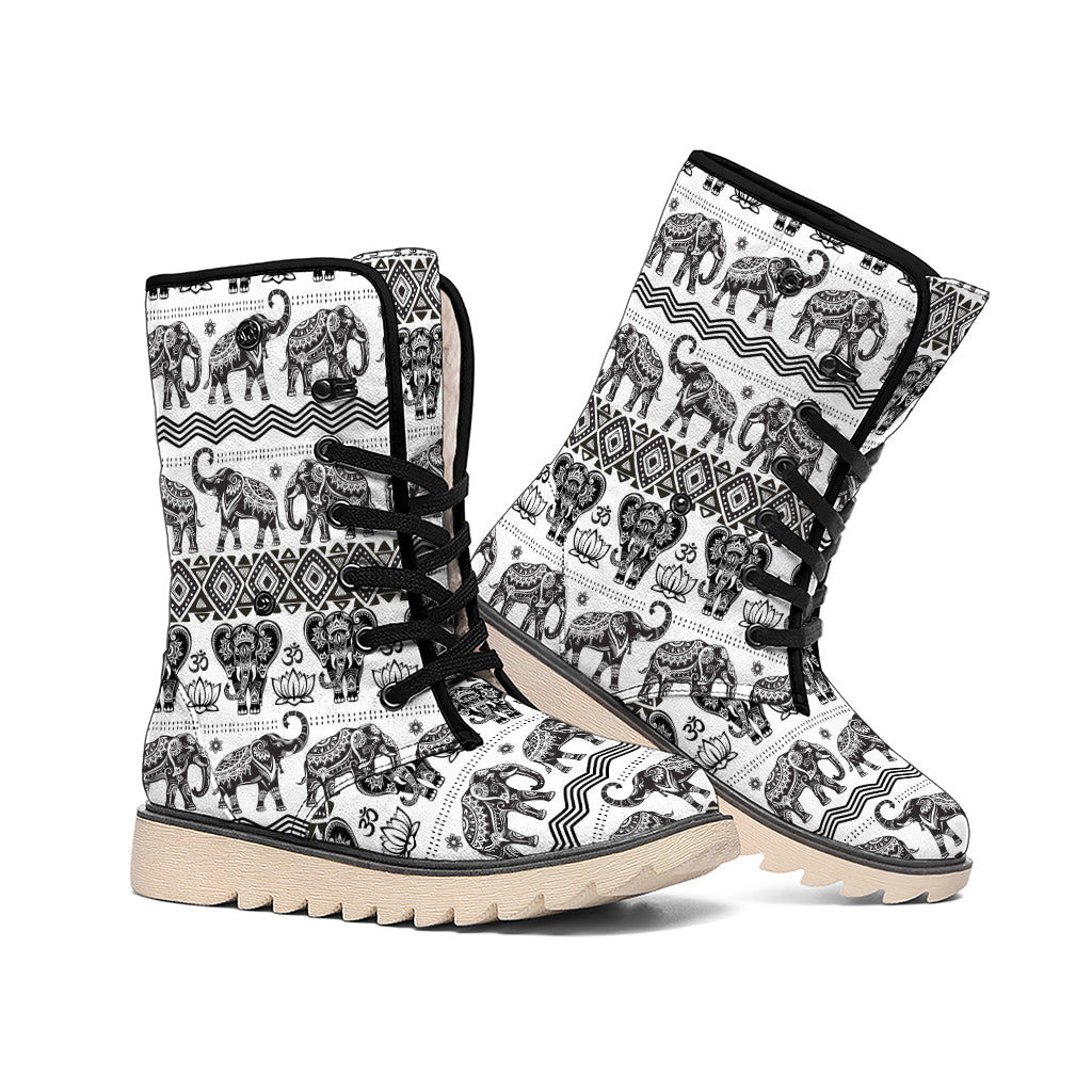 White And Black Indian Elephant Print Winter Boots
