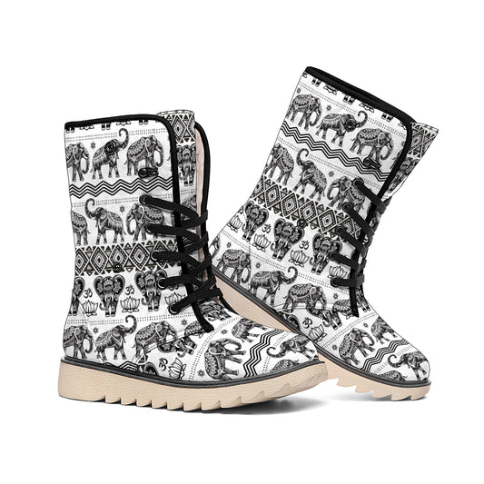 White And Black Indian Elephant Print Winter Boots