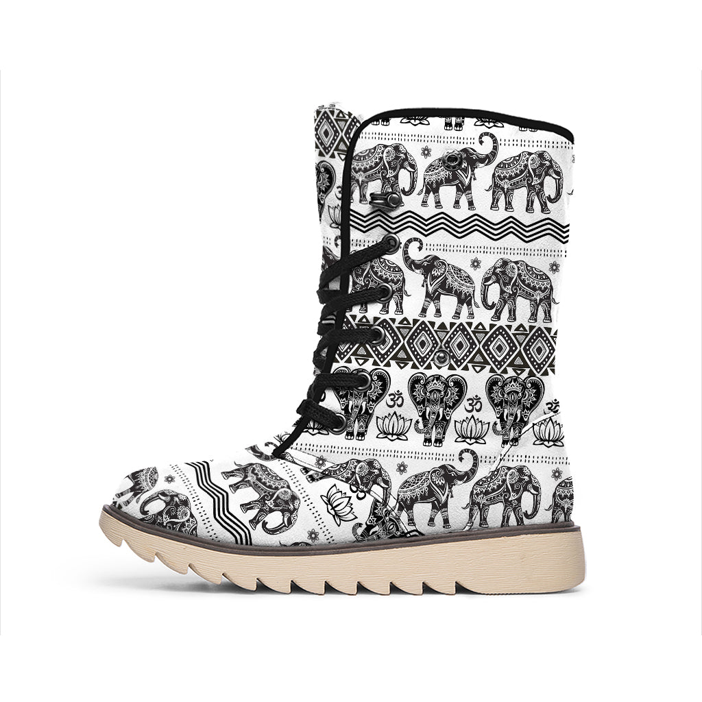 White And Black Indian Elephant Print Winter Boots