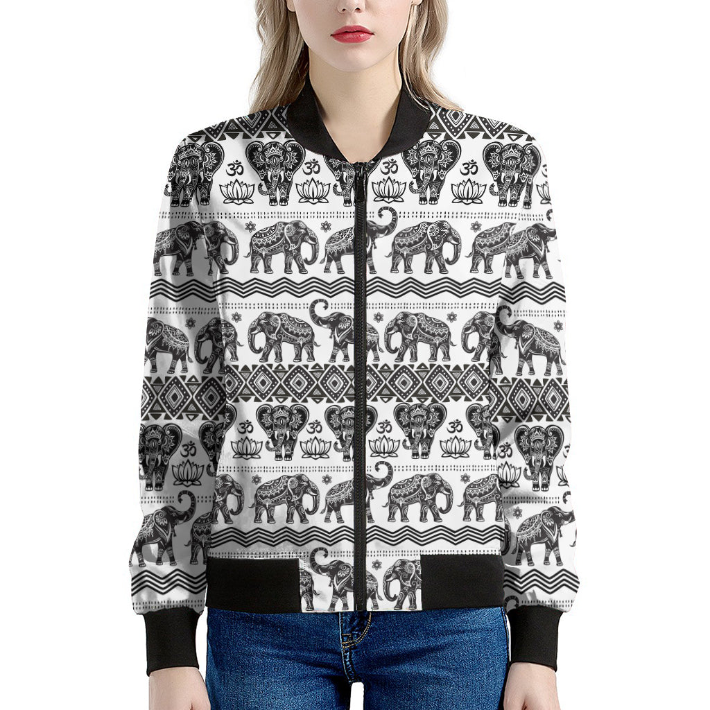 White And Black Indian Elephant Print Women's Bomber Jacket