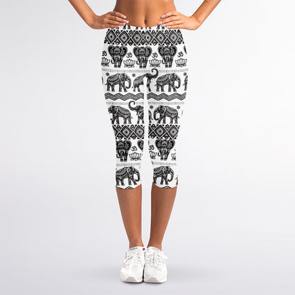 White And Black Indian Elephant Print Women's Capri Leggings