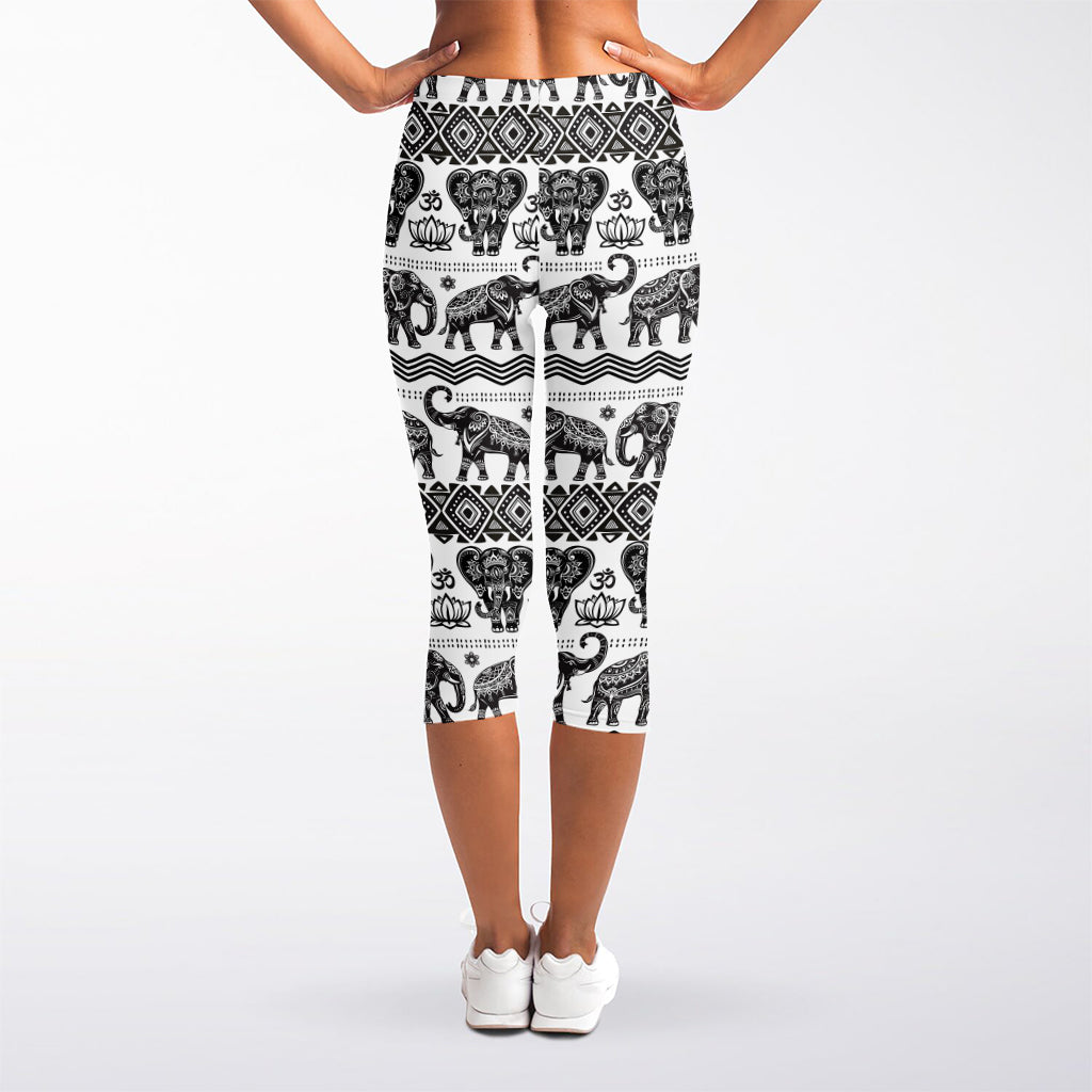 White And Black Indian Elephant Print Women's Capri Leggings