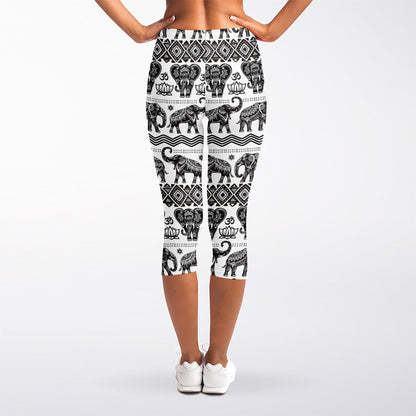 White And Black Indian Elephant Print Women's Capri Leggings