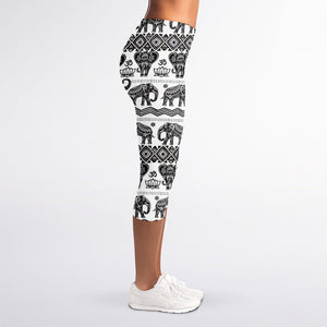 White And Black Indian Elephant Print Women's Capri Leggings