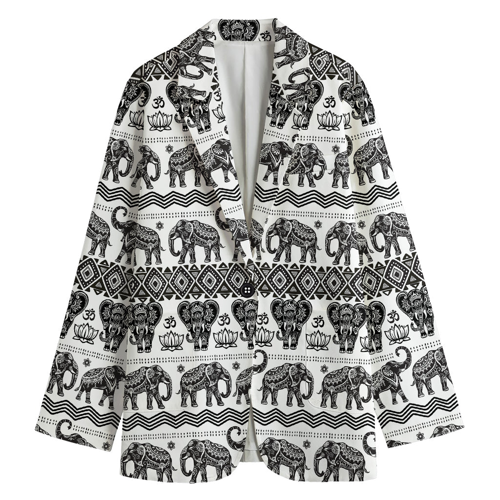 White And Black Indian Elephant Print Women's Cotton Blazer