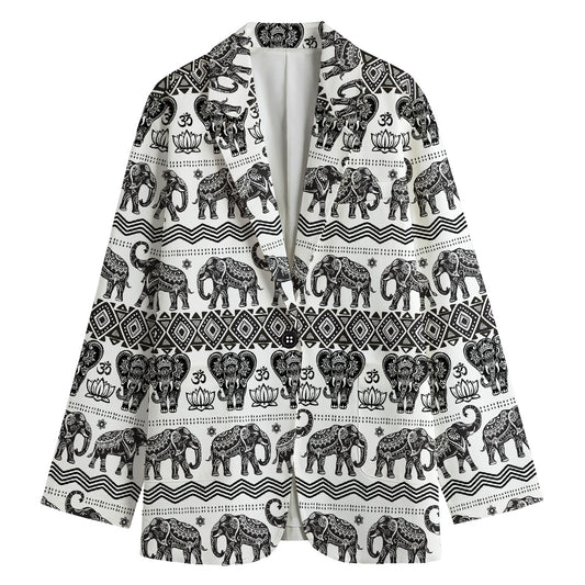 White And Black Indian Elephant Print Women's Cotton Blazer