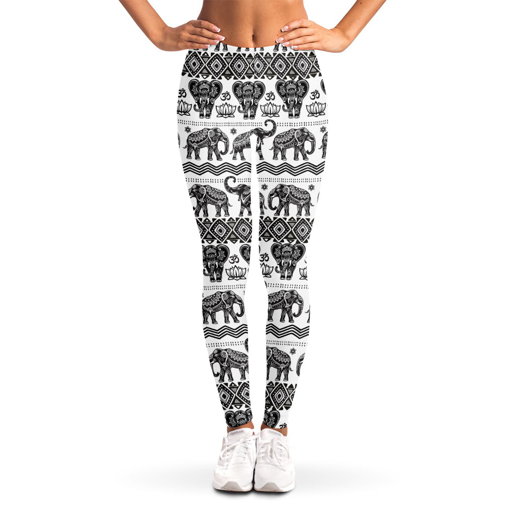White And Black Indian Elephant Print Women's Leggings