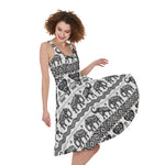 White And Black Indian Elephant Print Women's Sleeveless Dress