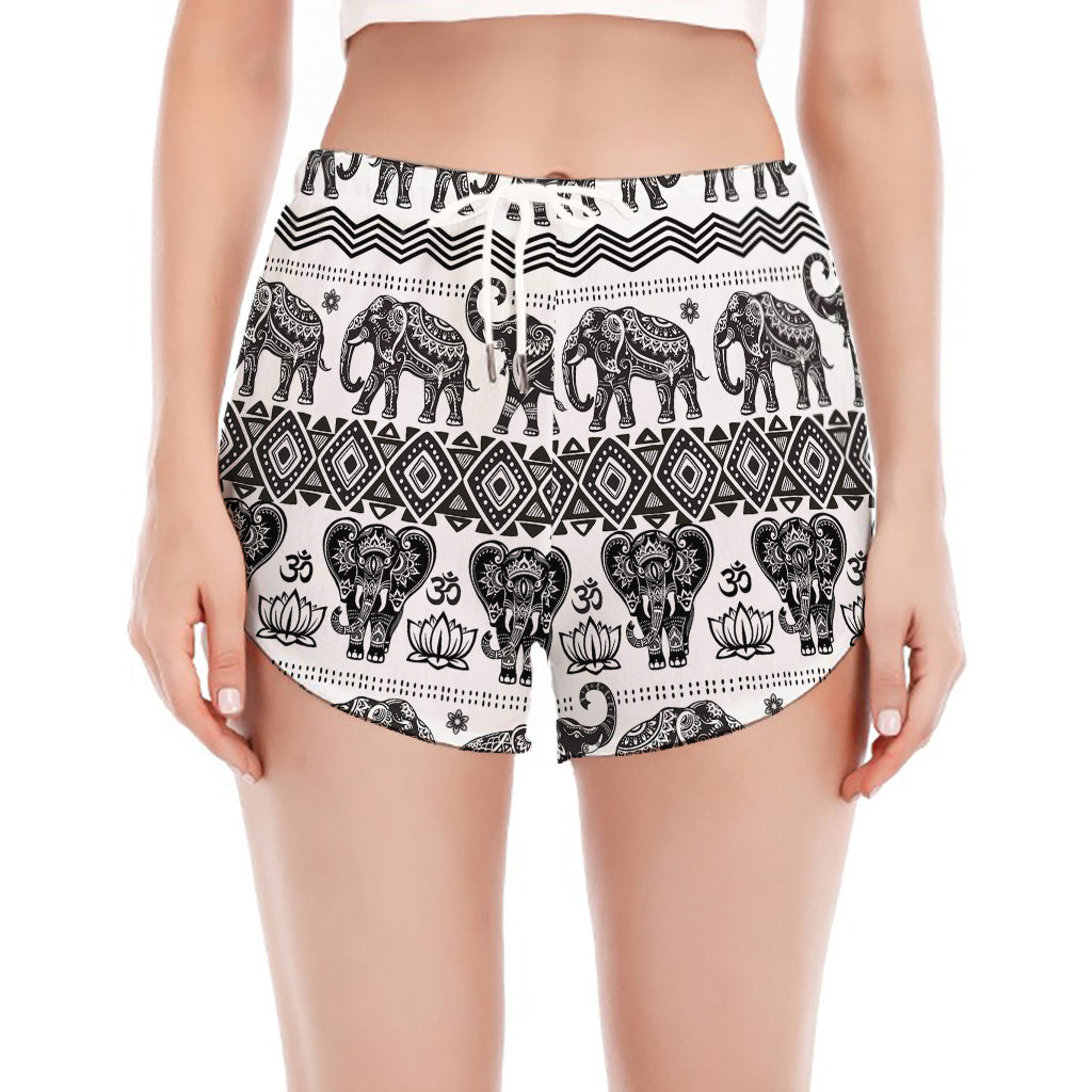 White And Black Indian Elephant Print Women's Split Running Shorts
