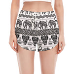 White And Black Indian Elephant Print Women's Split Running Shorts