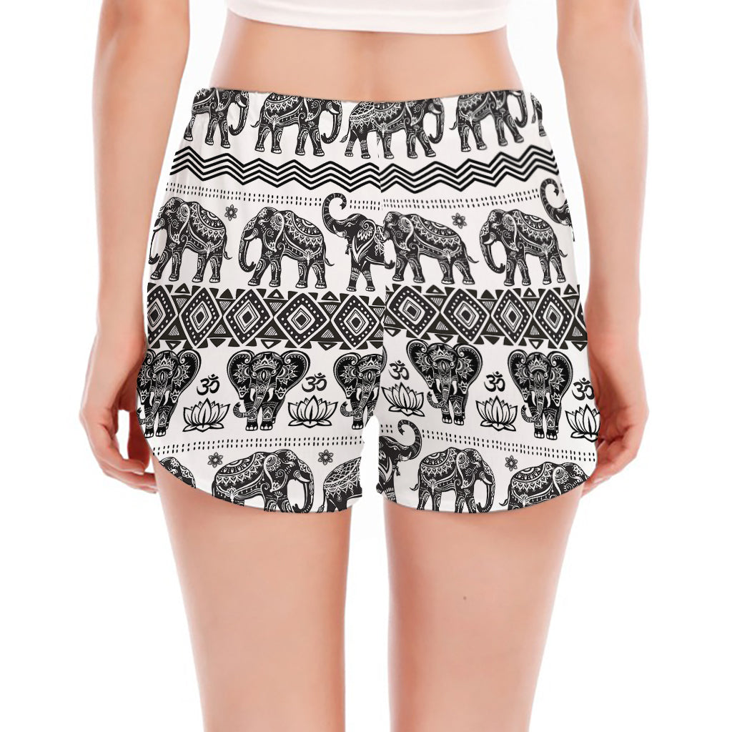 White And Black Indian Elephant Print Women's Split Running Shorts