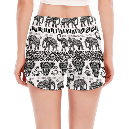 White And Black Indian Elephant Print Women's Split Running Shorts