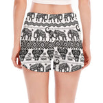 White And Black Indian Elephant Print Women's Split Running Shorts