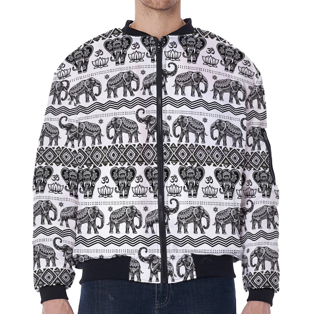 White And Black Indian Elephant Print Zip Sleeve Bomber Jacket