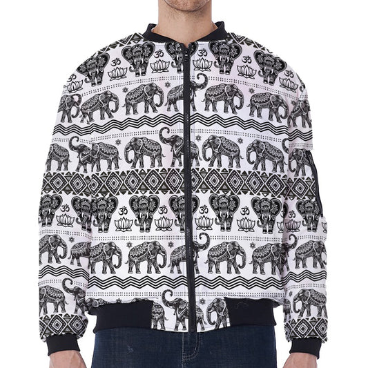 White And Black Indian Elephant Print Zip Sleeve Bomber Jacket
