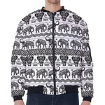 White And Black Indian Elephant Print Zip Sleeve Bomber Jacket