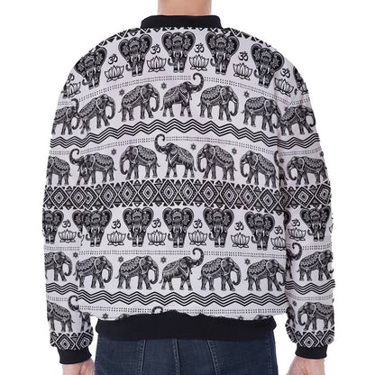 White And Black Indian Elephant Print Zip Sleeve Bomber Jacket