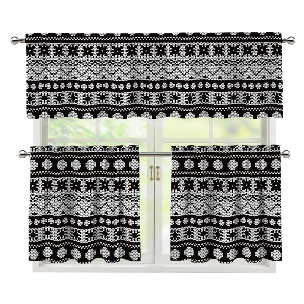 White And Black Knitted Pattern Print 3 Piece Kitchen Curtains