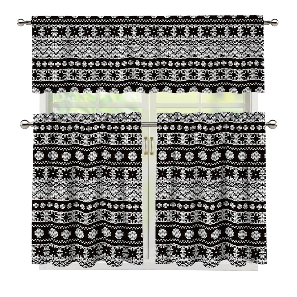 White And Black Knitted Pattern Print 3 Piece Kitchen Curtains