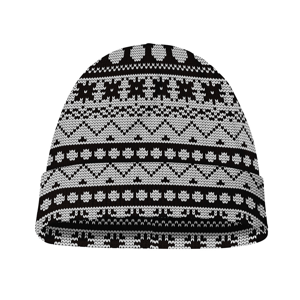 White And Black Knitted Pattern Print Beanie
