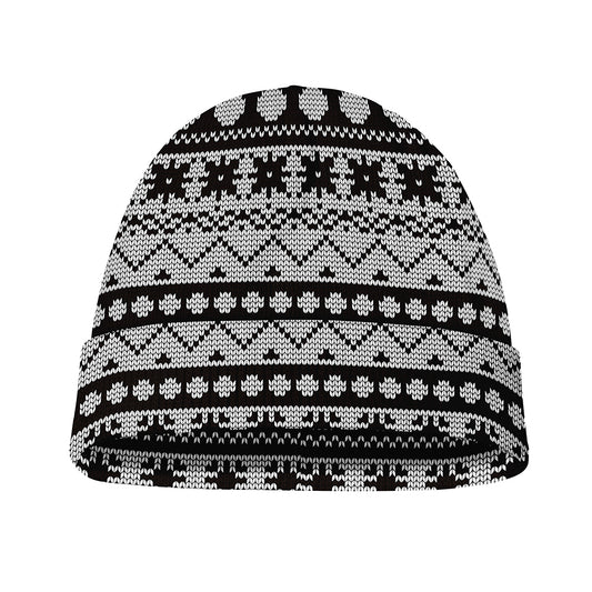 White And Black Knitted Pattern Print Beanie