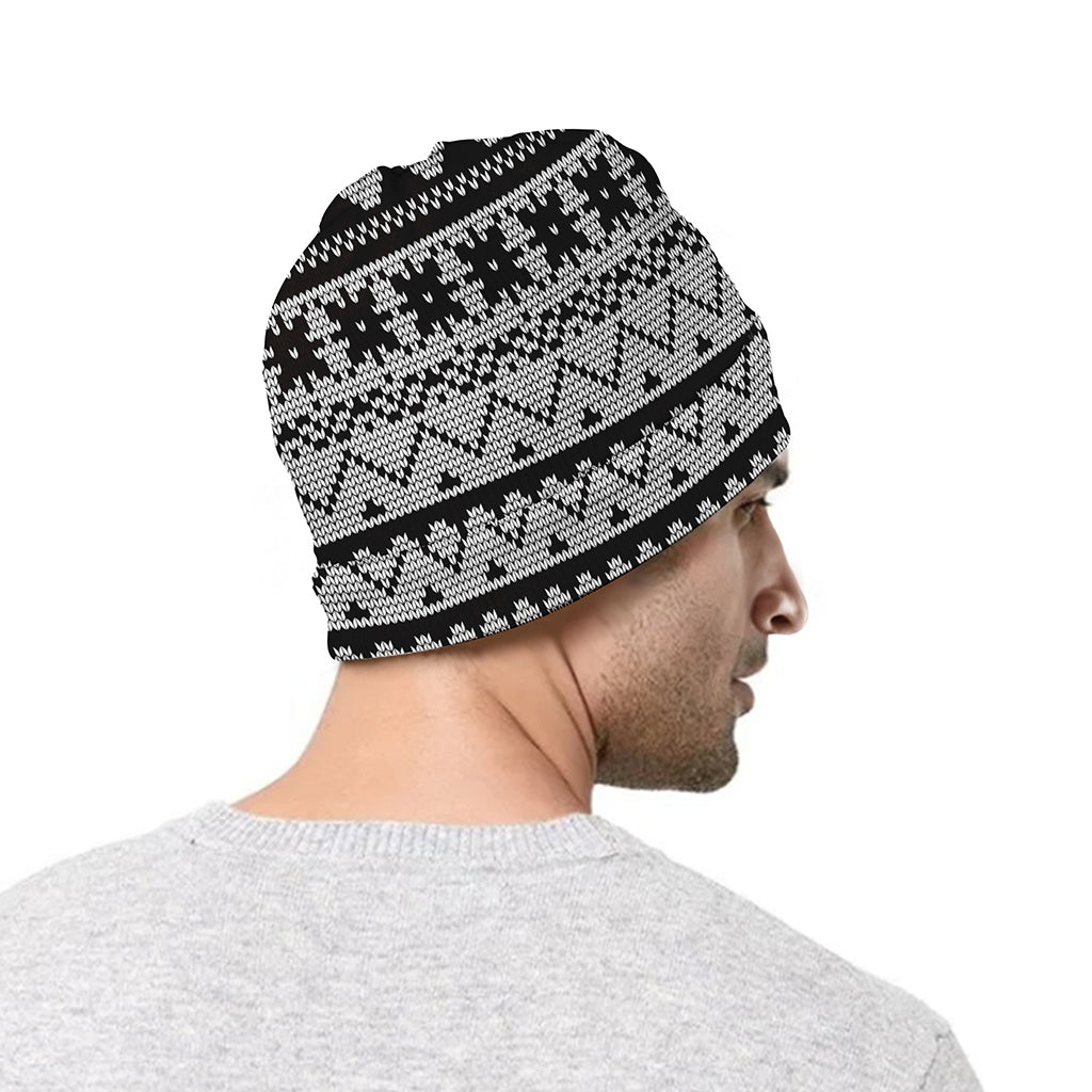 White And Black Knitted Pattern Print Beanie