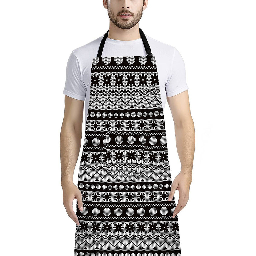 White And Black Knitted Pattern Print Bib Apron With Pocket